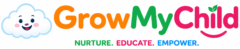 GrowMyChild colorful kids learning brand logo with smiling cloud mascot and nurture educate empower tagline